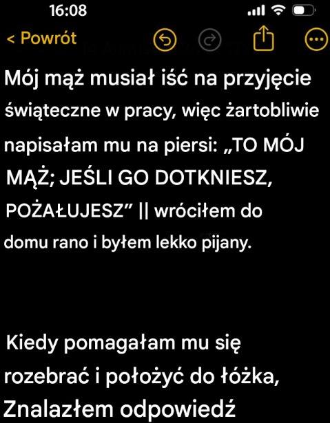 Przed firmowym przyjęciem świątecznym napisałam zabawną wiadomość na piersi mojego męża i otrzymałam niespodziewaną odpowiedź.